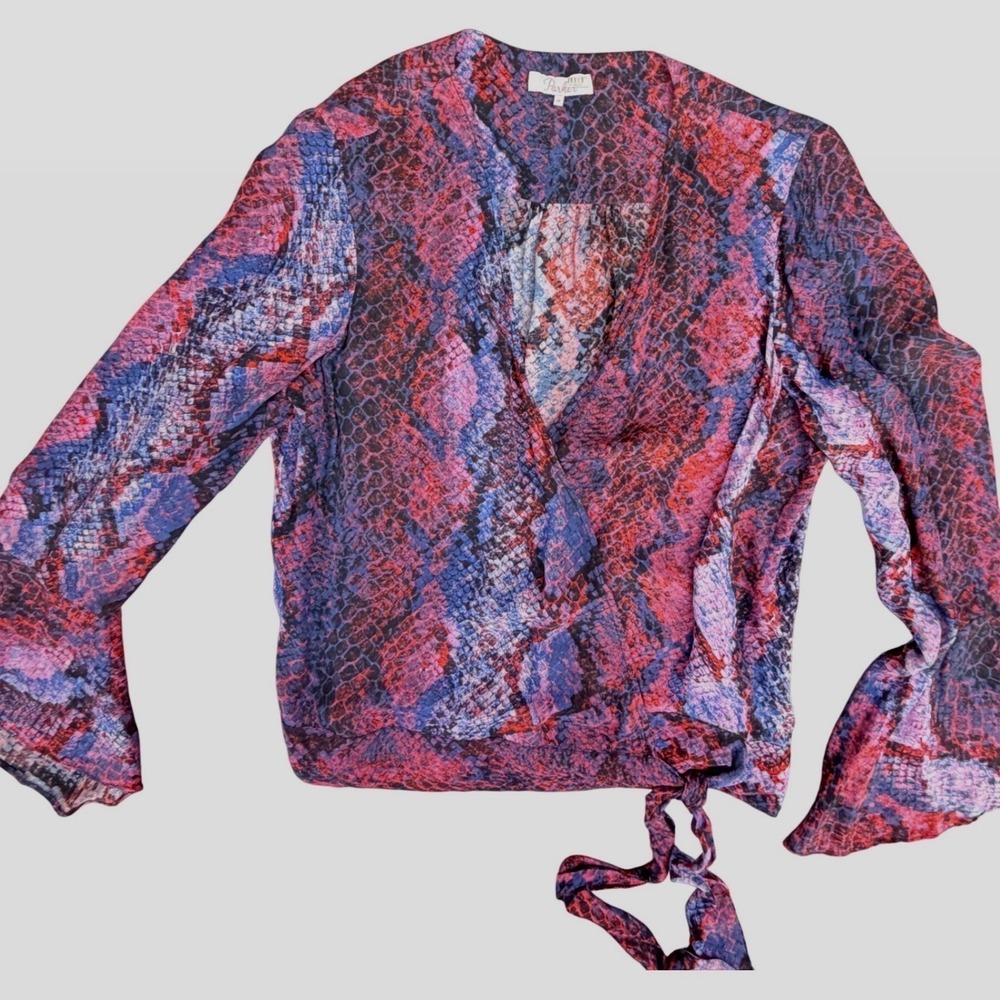 Parker Womens Pink Purple Snakeskin Print Wrap Blouse Bell Sleeve V-Neck Size‎ M